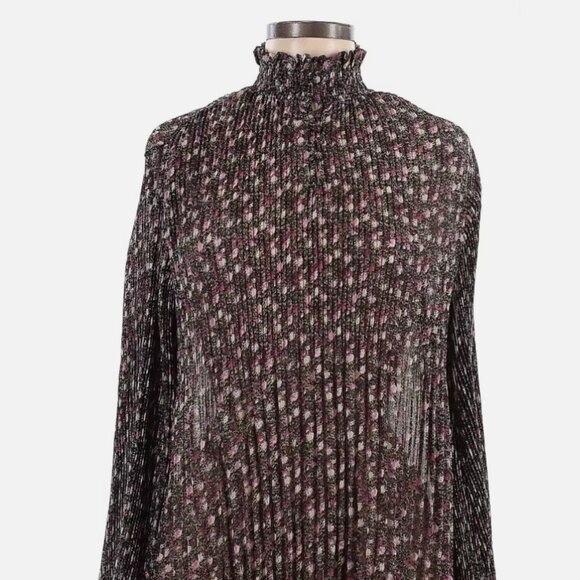 CAbi Womens Knife Pleat Floral Mock Neck Blouse Style #3952 Black Pink - Picture 1 of 8